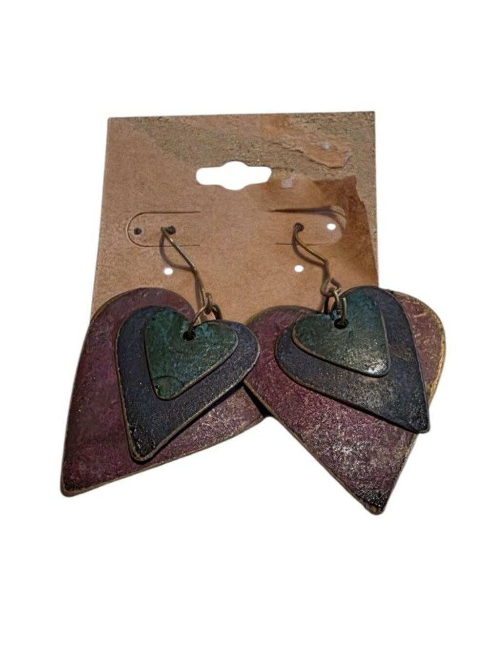 Multicolor Layered Metal Hearts Dangle Pierced Earrings Vintage